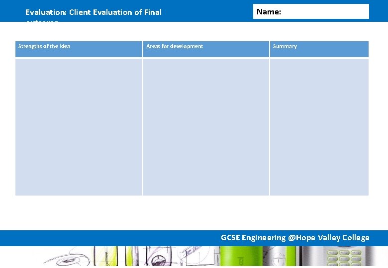 Evaluation: Client Evaluation of Final outcome Strengths of the idea Areas for development Name: Evaluation: Client Evaluation of Final outcome Strengths of the idea Areas for development Name: