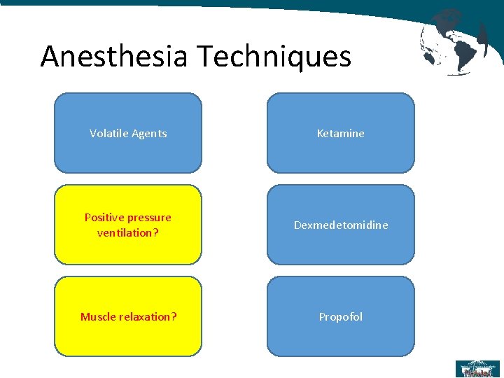 Anesthesia Techniques Volatile Agents Ketamine Positive pressure ventilation? Dexmedetomidine Muscle relaxation? Propofol 