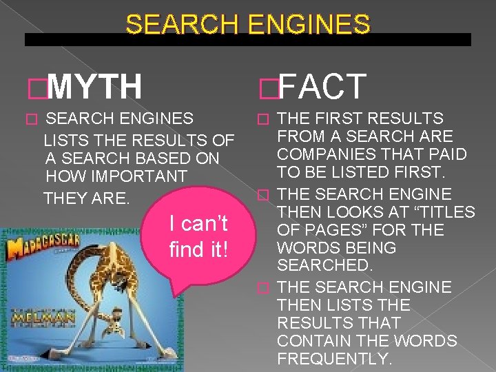 SEARCH ENGINES �MYTH � �FACT SEARCH ENGINES LISTS THE RESULTS OF A SEARCH BASED