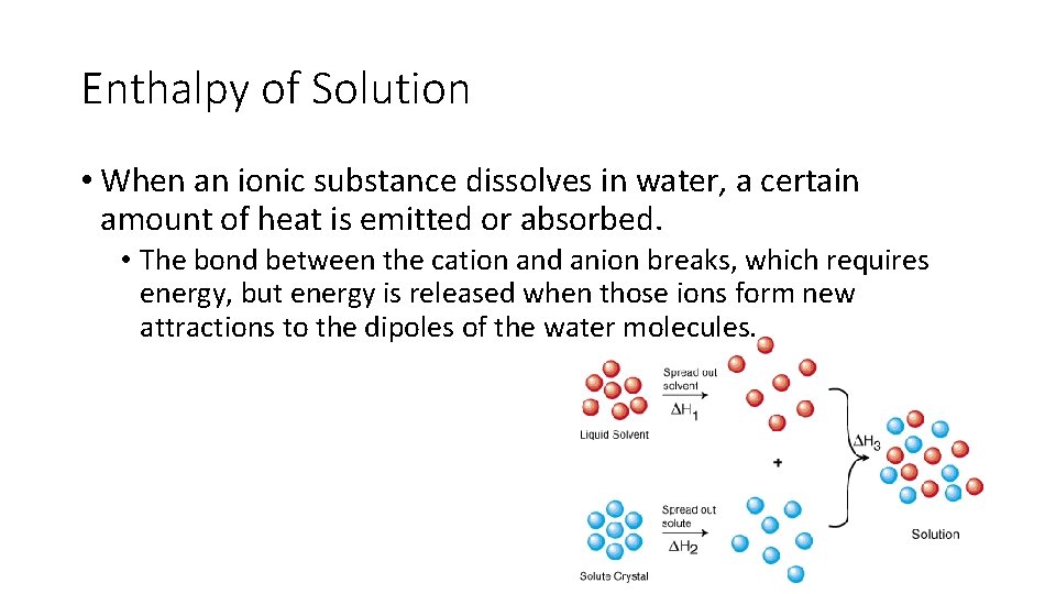 Enthalpy of Solution • When an ionic substance dissolves in water, a certain amount
