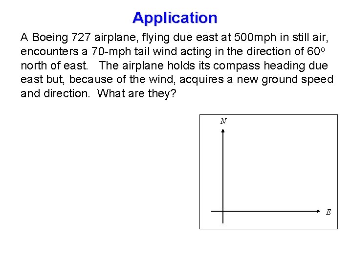 Application A Boeing 727 airplane, flying due east at 500 mph in still air,