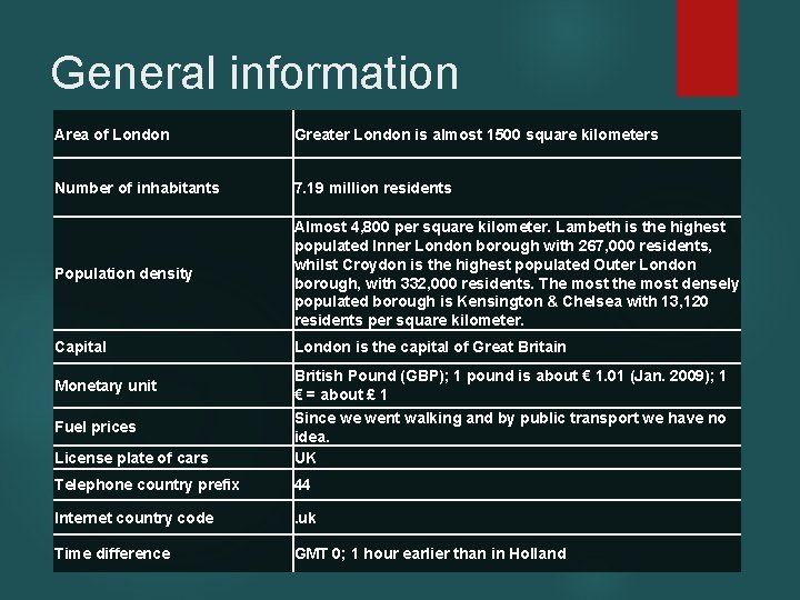 General information Area of London Greater London is almost 1500 square kilometers Number of