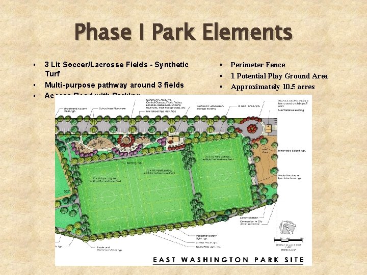 Phase I Park Elements 3 Lit Soccer/Lacrosse Fields - Synthetic Turf Multi-purpose pathway around