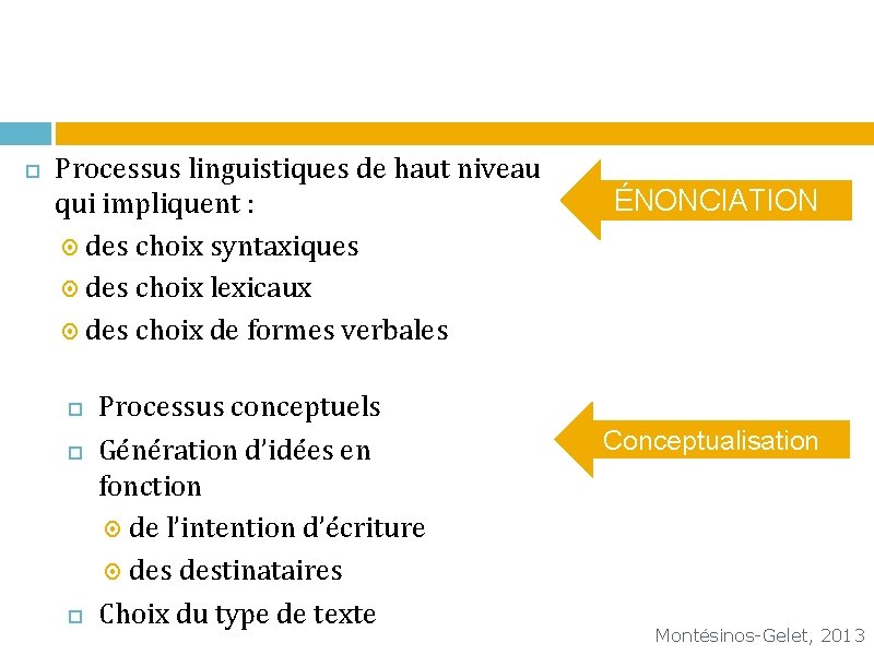  Processus linguistiques de haut niveau qui impliquent : des choix syntaxiques des choix