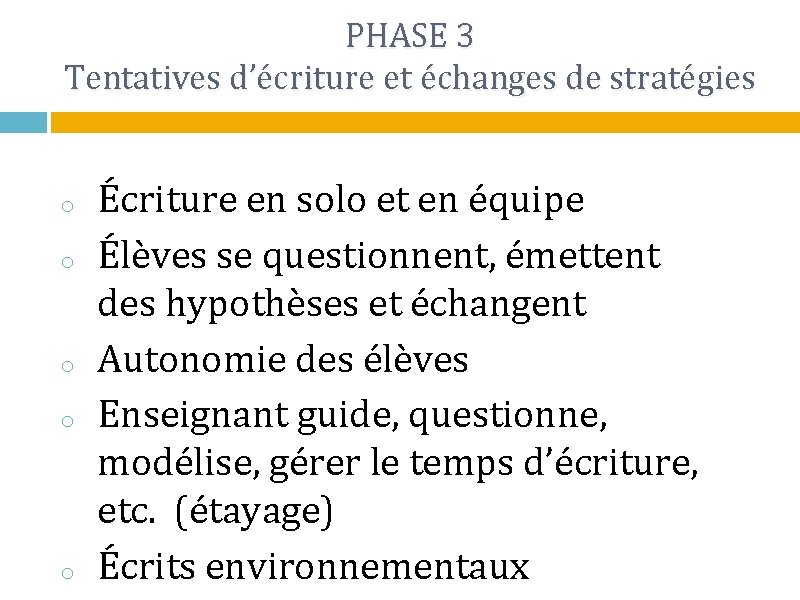 PHASE 3 Tentatives d’écriture et échanges de stratégies o o o Écriture en solo