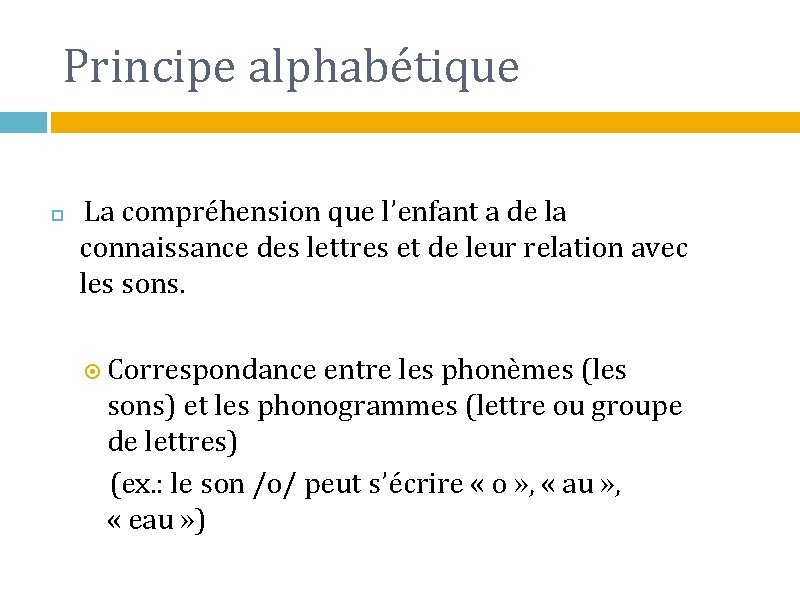 Principe alphabétique La compréhension que l’enfant a de la connaissance des lettres et de