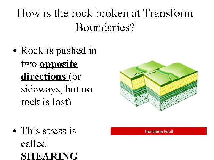 How is the rock broken at Transform Boundaries? • Rock is pushed in two