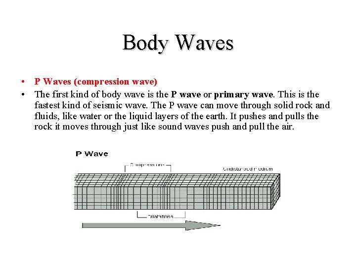 Body Waves • P Waves (compression wave) • The first kind of body wave