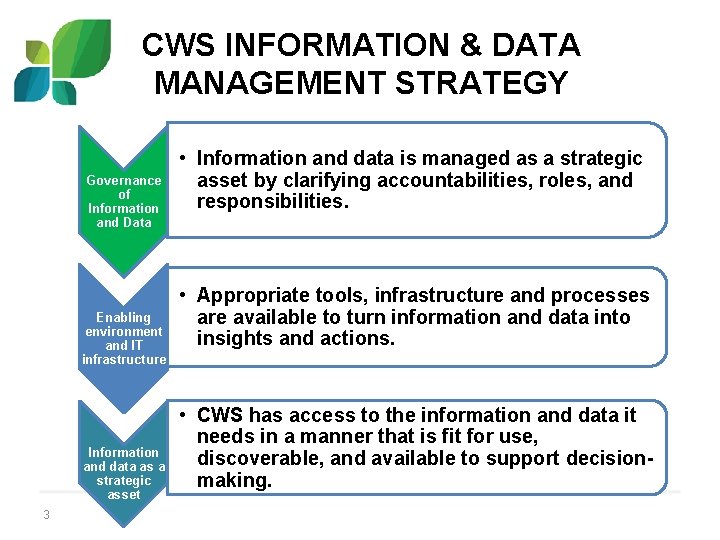 CWS INFORMATION & DATA MANAGEMENT STRATEGY Governance of Information and Data Enabling environment and