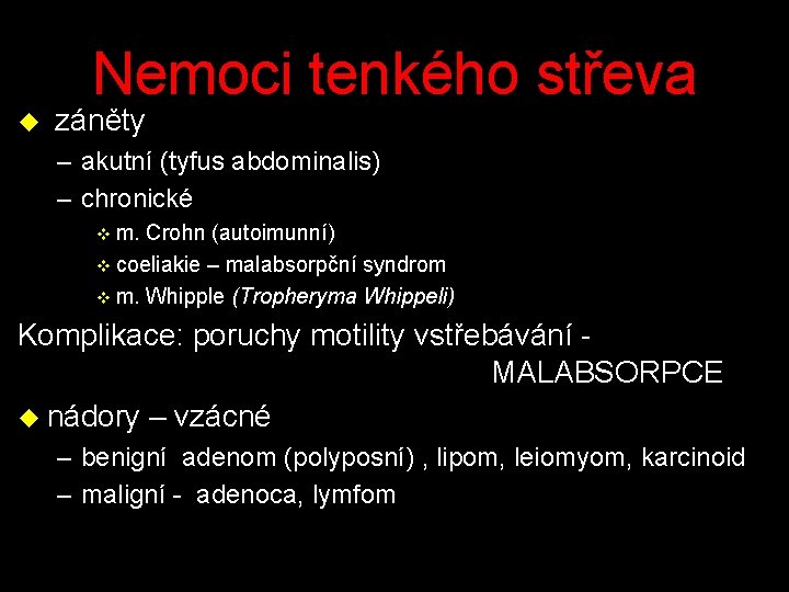 Nemoci tenkého střeva u záněty – akutní (tyfus abdominalis) – chronické v m. Crohn