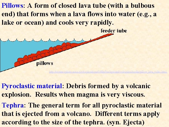 Pillows: A form of closed lava tube (with a bulbous end) that forms when