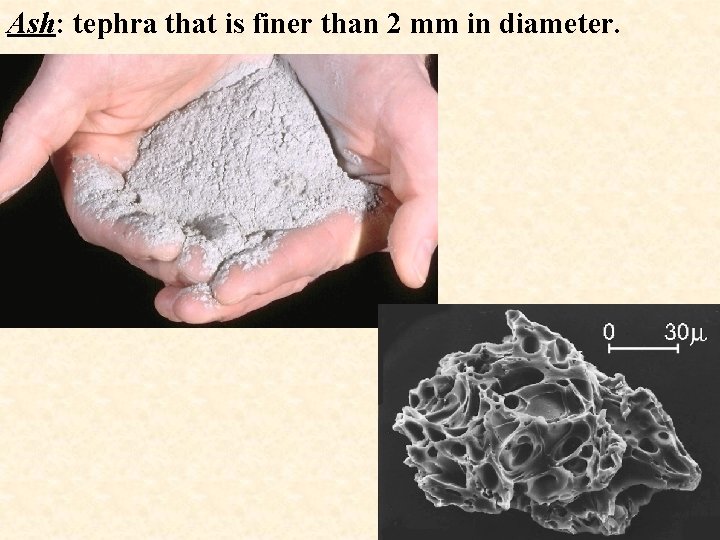 Ash: tephra that is finer than 2 mm in diameter. 