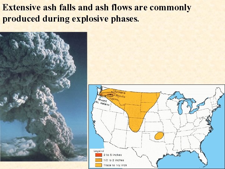 Extensive ash falls and ash flows are commonly produced during explosive phases. 