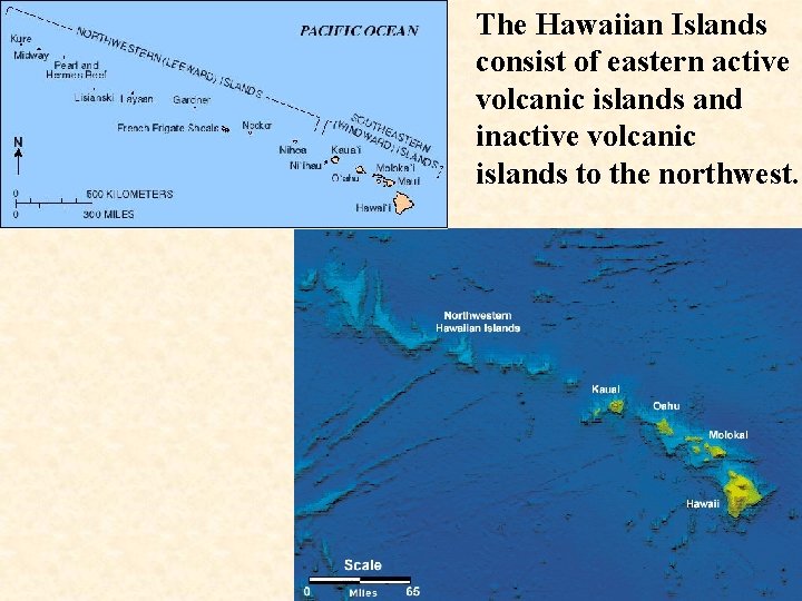 The Hawaiian Islands consist of eastern active volcanic islands and inactive volcanic islands to