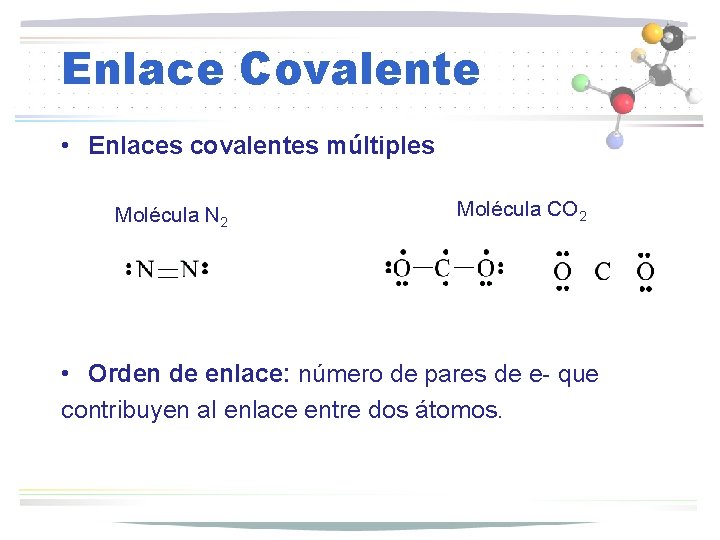 Enlace Covalente • Enlaces covalentes múltiples Molécula N 2 Molécula CO 2 • Orden
