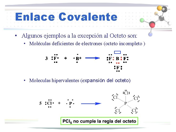 Enlace Covalente • Algunos ejemplos a la excepción al Octeto son: • Moléculas deficientes