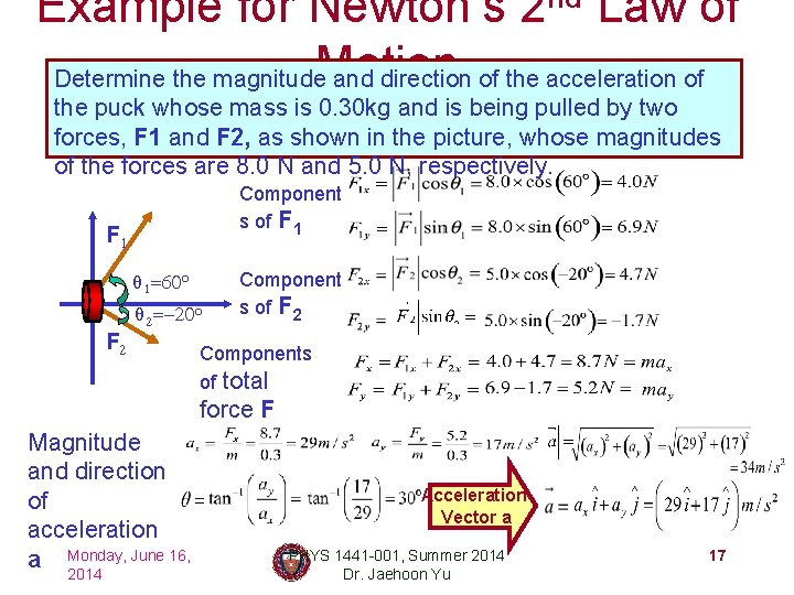 Example for Newton’s 2 nd Law of Motion Determine the magnitude and direction of