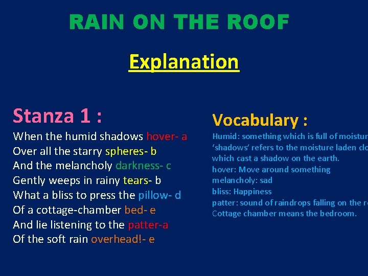 RAIN ON THE ROOF Explanation Stanza 1 : When the humid shadows hover- a