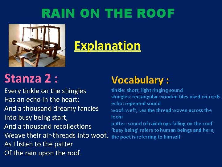 RAIN ON THE ROOF Explanation Stanza 2 : Every tinkle on the shingles Has