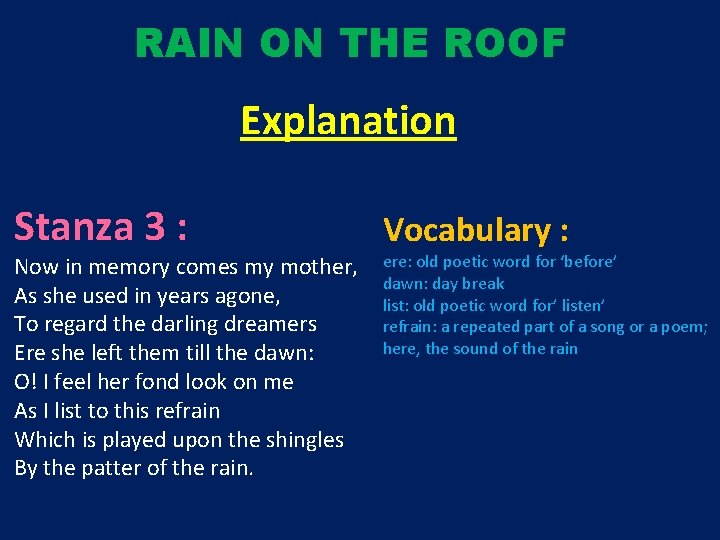 RAIN ON THE ROOF Explanation Stanza 3 : Now in memory comes my mother,
