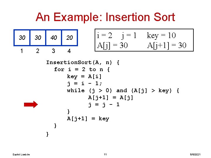 An Example: Insertion Sort 30 30 40 20 1 2 3 4 i=2 j=1