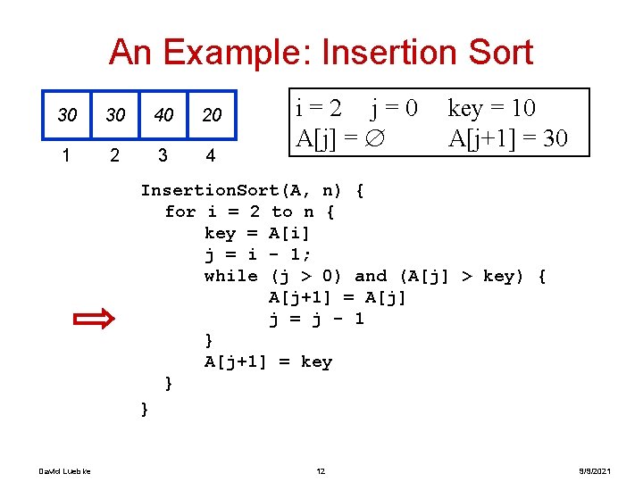 An Example: Insertion Sort 30 30 40 20 1 2 3 4 i=2 j=0