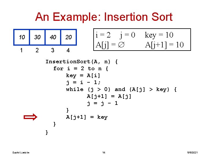 An Example: Insertion Sort 10 30 40 20 1 2 3 4 i=2 j=0