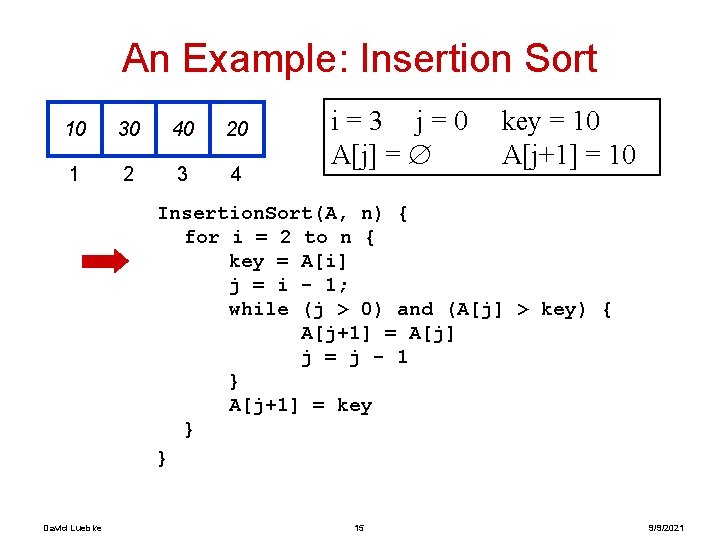 An Example: Insertion Sort 10 30 40 20 1 2 3 4 i=3 j=0