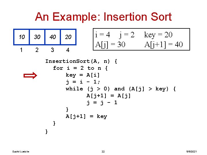 An Example: Insertion Sort 10 30 40 20 1 2 3 4 i=4 j=2
