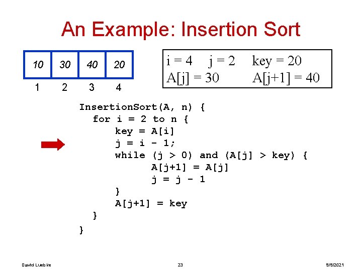 An Example: Insertion Sort 10 30 40 20 1 2 3 4 i=4 j=2