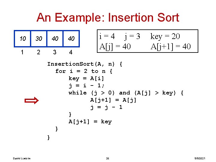 An Example: Insertion Sort 10 30 40 40 1 2 3 4 i=4 j=3