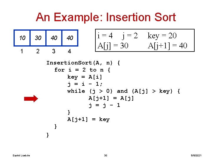 An Example: Insertion Sort 10 30 40 40 1 2 3 4 i=4 j=2
