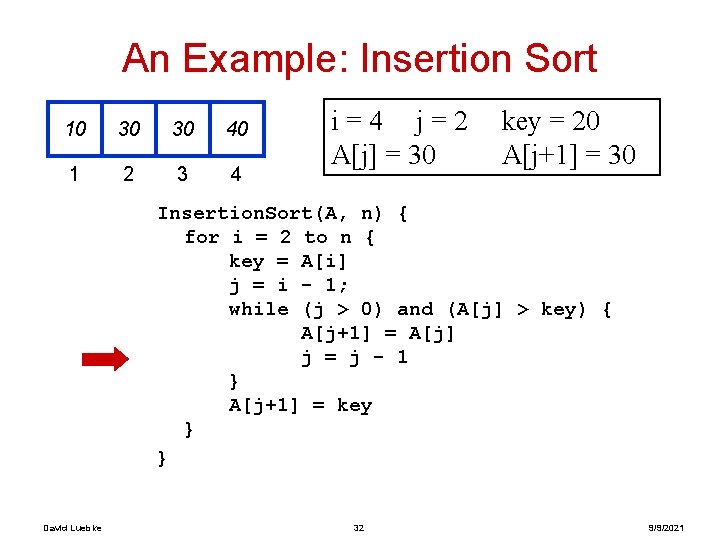 An Example: Insertion Sort 10 30 30 40 1 2 3 4 i=4 j=2