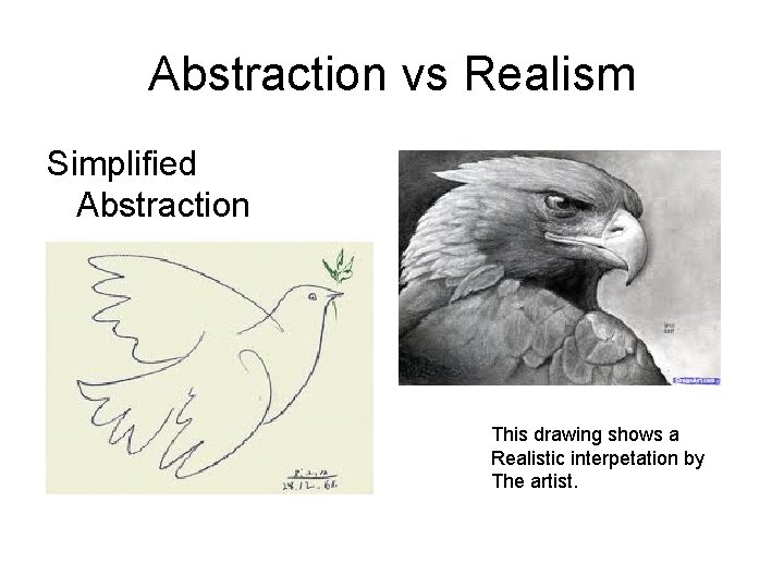 Abstraction vs Realism Simplified Abstraction This drawing shows a Realistic interpetation by The artist.