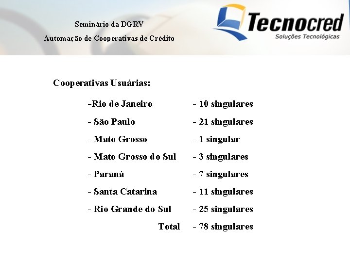 Seminário da DGRV Automação de Cooperativas de Crédito Cooperativas Usuárias: -Rio de Janeiro -