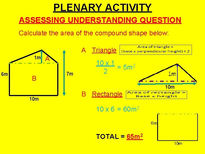 PLENARY ACTIVITY ASSESSING UNDERSTANDING QUESTION Calculate the area of the compound shape below: A