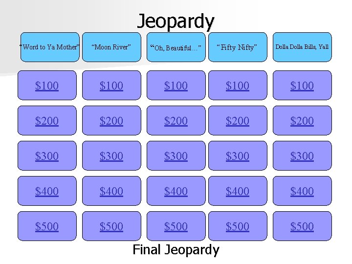 Jeopardy “Moon River” “Oh, Beautiful…” “Fifty Nifty” Dolla Bills, Yall $100 $100 $200 $200