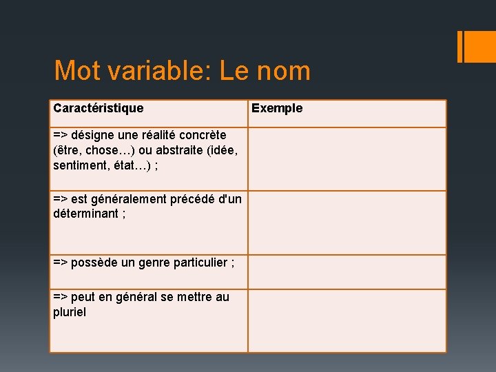 Mot variable: Le nom Caractéristique => désigne une réalité concrète (être, chose…) ou abstraite