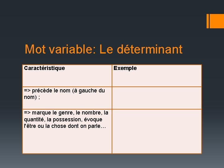 Mot variable: Le déterminant Caractéristique => précède le nom (à gauche du nom) ;