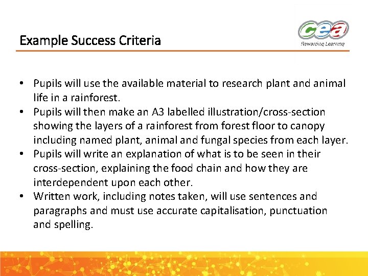 Example Success Criteria • Pupils will use the available material to research plant and