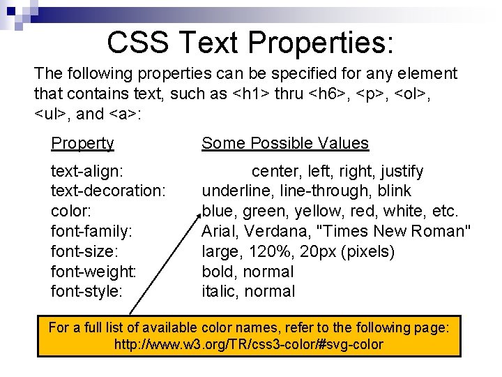 CSS Text Properties: The following properties can be specified for any element that contains CSS Text Properties: The following properties can be specified for any element that contains