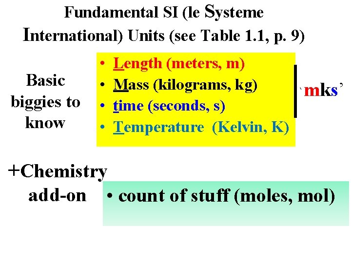 Fundamental SI (le Systeme International) Units (see Table 1. 1, p. 9) Basic biggies