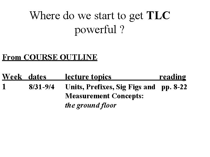 Where do we start to get TLC powerful ? From COURSE OUTLINE Week dates
