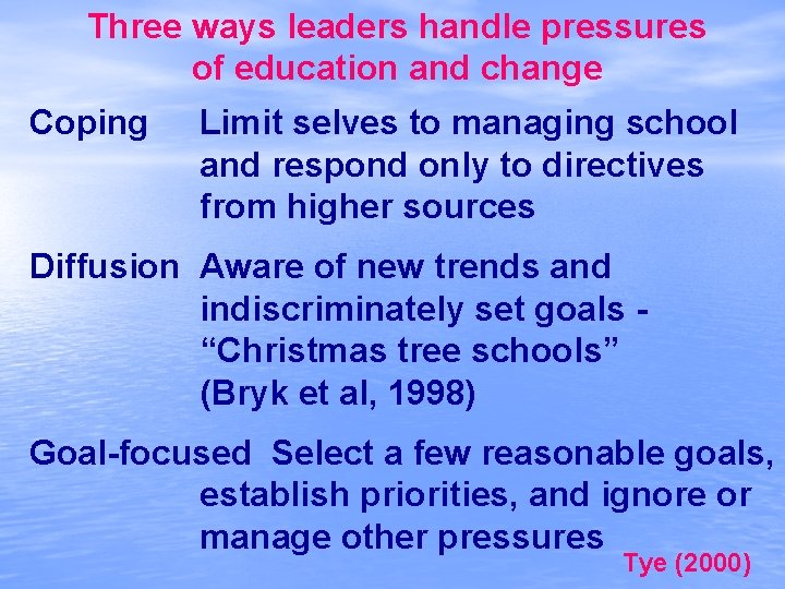 Three ways leaders handle pressures of education and change Coping Limit selves to managing