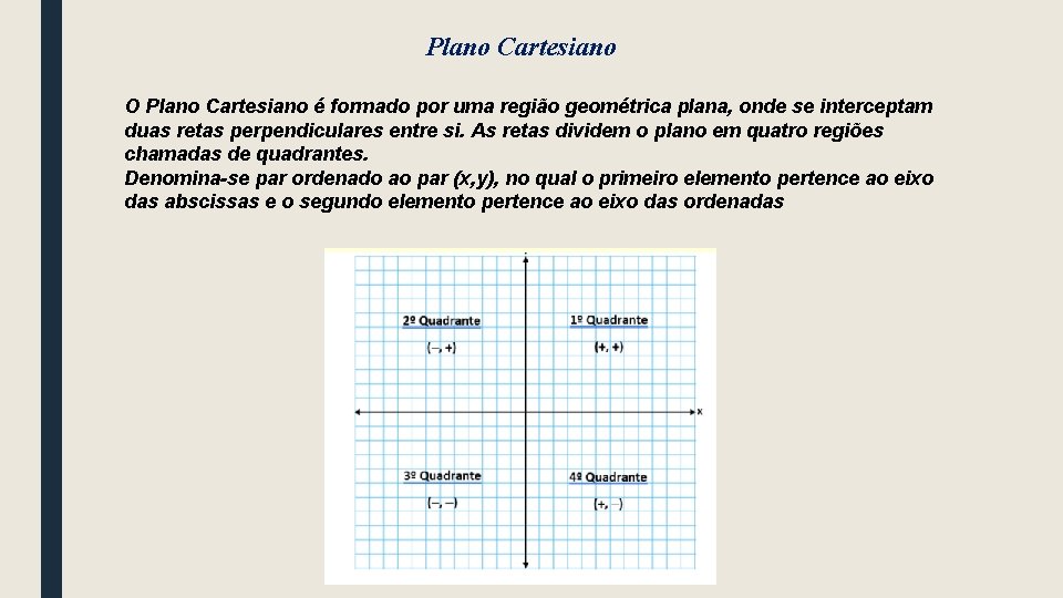 Plano Cartesiano O Plano Cartesiano é formado por uma região geométrica plana, onde se