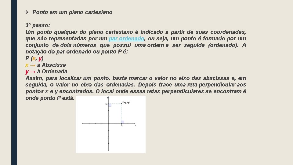 Ø Ponto em um plano cartesiano 3º passo: Um ponto qualquer do plano cartesiano