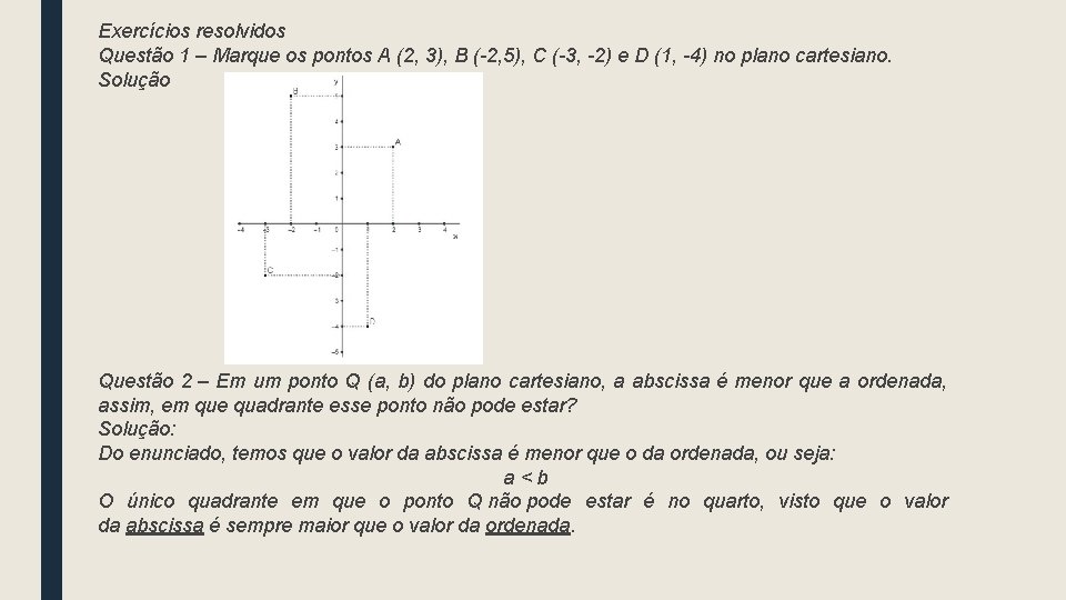 Exercícios resolvidos Questão 1 – Marque os pontos A (2, 3), B (-2, 5),
