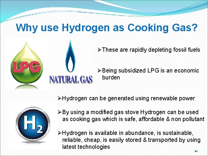 Why use Hydrogen as Cooking Gas? ØThese are rapidly depleting fossil fuels ØBeing subsidized Why use Hydrogen as Cooking Gas? ØThese are rapidly depleting fossil fuels ØBeing subsidized