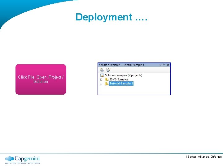Deployment …. Click File, Open, Project / Solution | Sector, Alliance, Offering 
