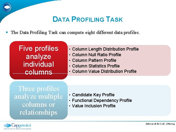DATA PROFILING TASK § The Data Profiling Task can compute eight different data profiles.